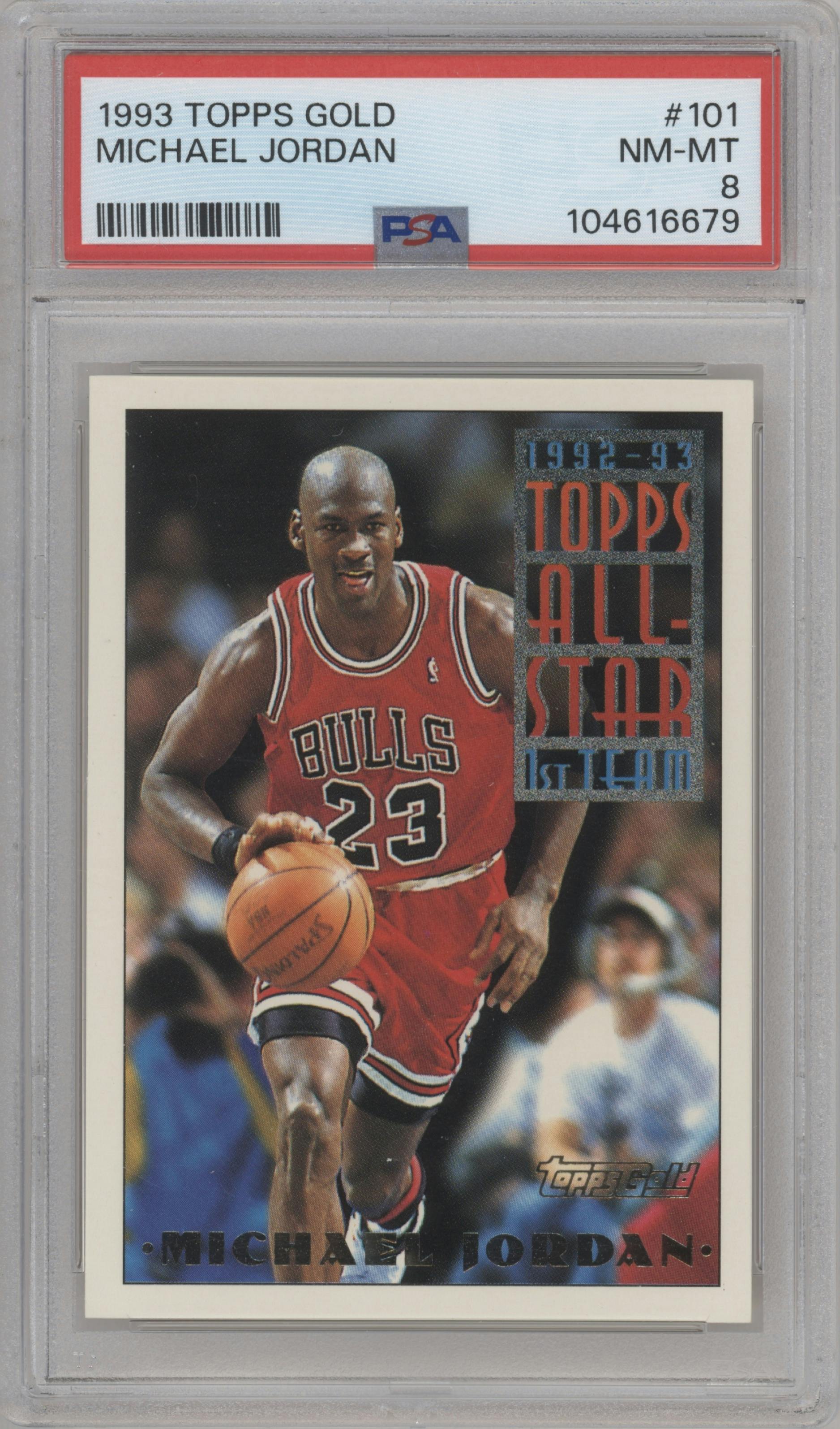 Michael Jordan from the 1993-94 Topps Gold set graded by PSA and given an overall grade of 8.