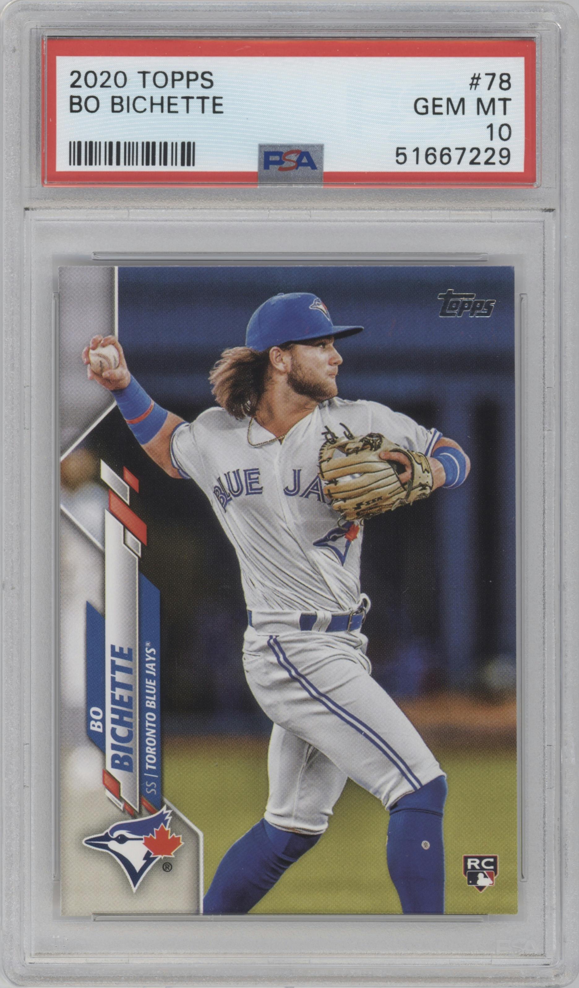 Bo Bichette from the 2020 Topps Series 1 set graded by PSA and given an overall grade of 10.
