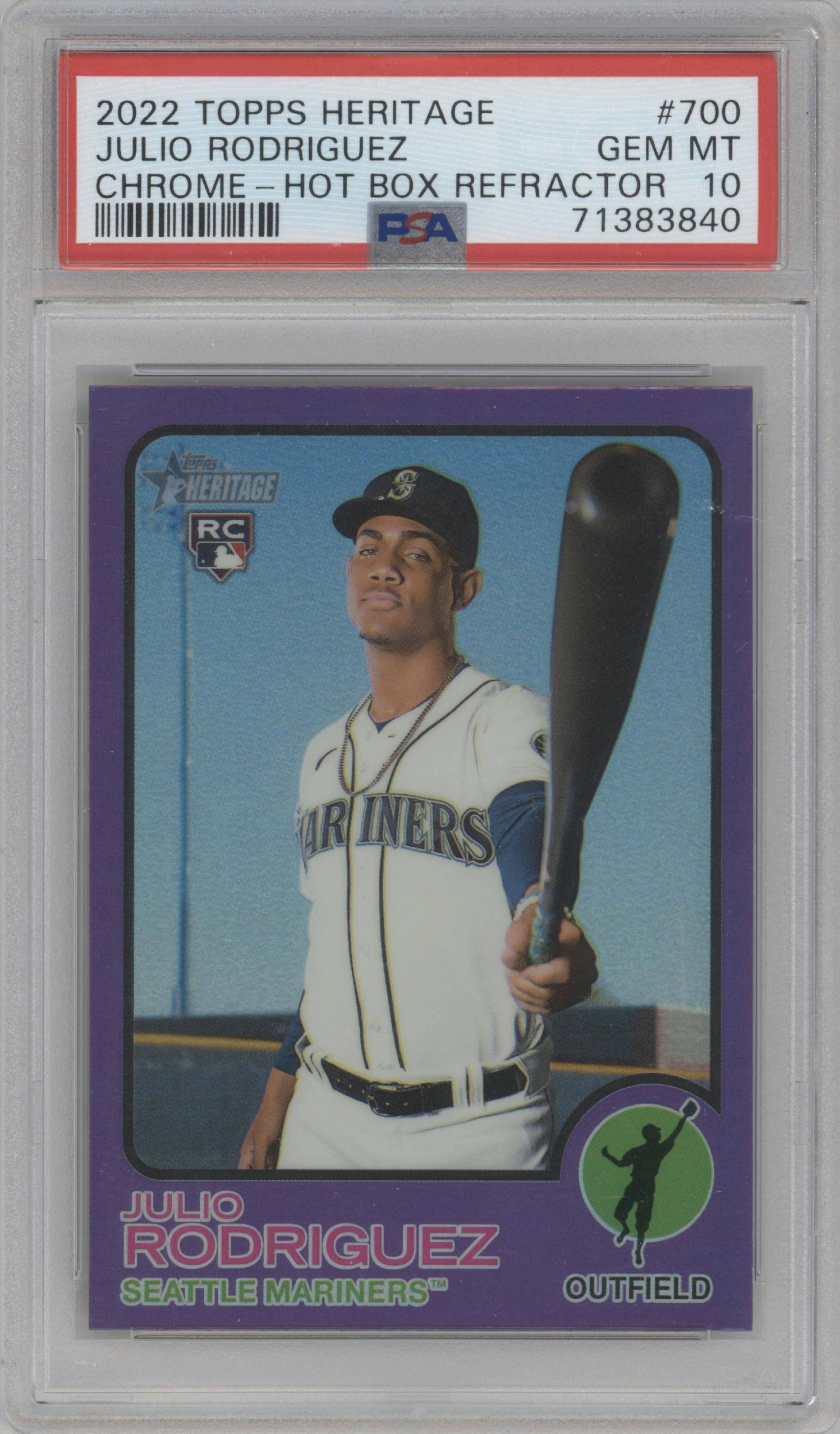 Julio Rodriguez from the 2022 Topps Heritage High Number set featuring a Purple Refractor parallel graded by PSA and given an overall grade of 10.