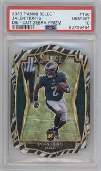 Jalen Hurts from the 2020 Panini Select set featuring a Die-Cut Zebra parallel graded by PSA and given an overall grade of 10.