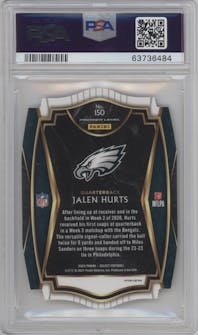 Jalen Hurts from the 2020 Panini Select set featuring a Die-Cut Zebra parallel graded by PSA and given an overall grade of 10.