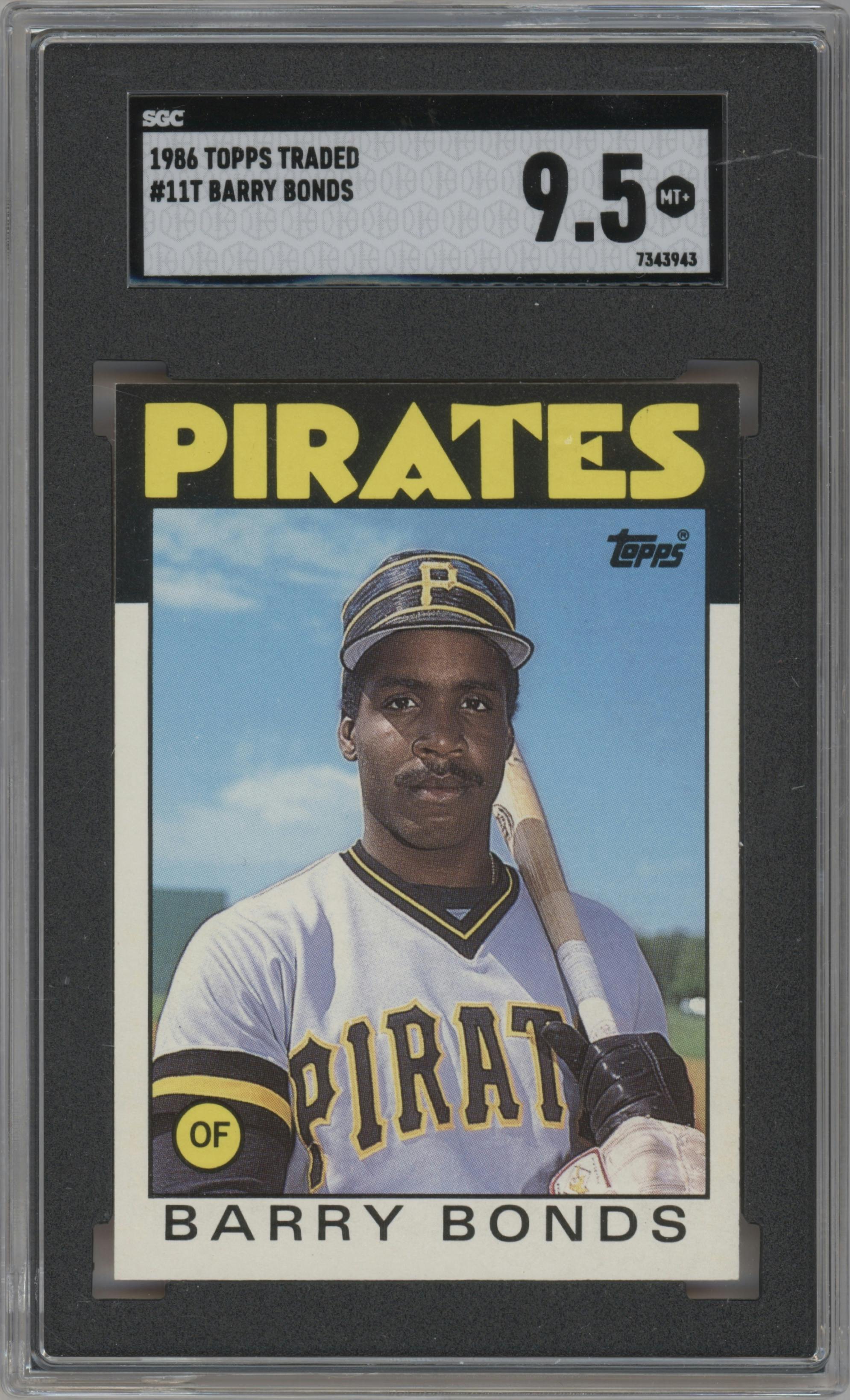 Barry Bonds from the 1986 Topps Traded set graded by SGC and given an overall grade of 9.5.