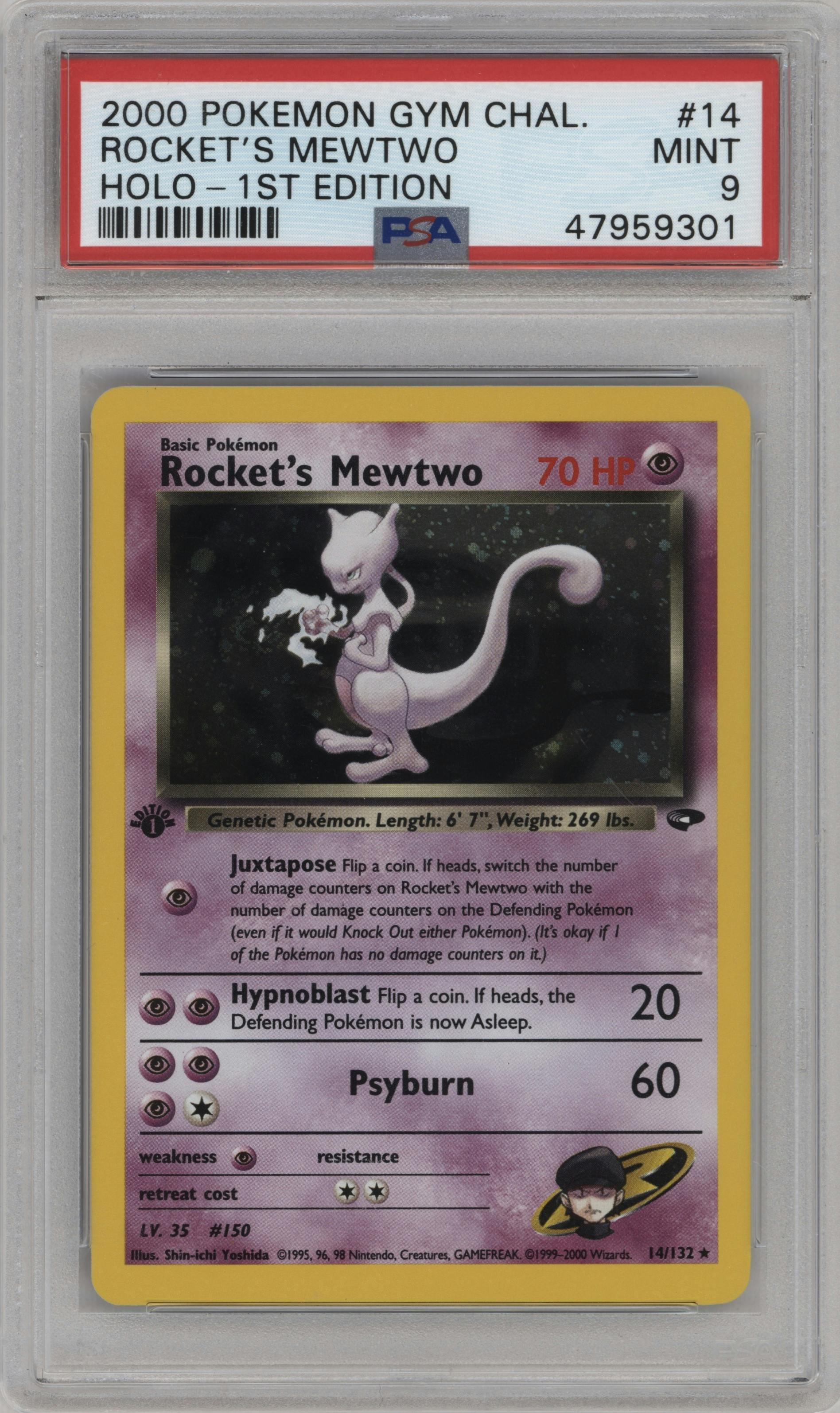 Rocket's Mewtwo from the 2000 Pokemon GH set graded by PSA and given an overall grade of 9.