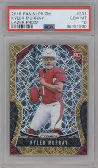 Kyler Murray from the 2019 Panini Prizm set featuring a Lazer Prizm parallel graded by PSA and given an overall grade of 10.