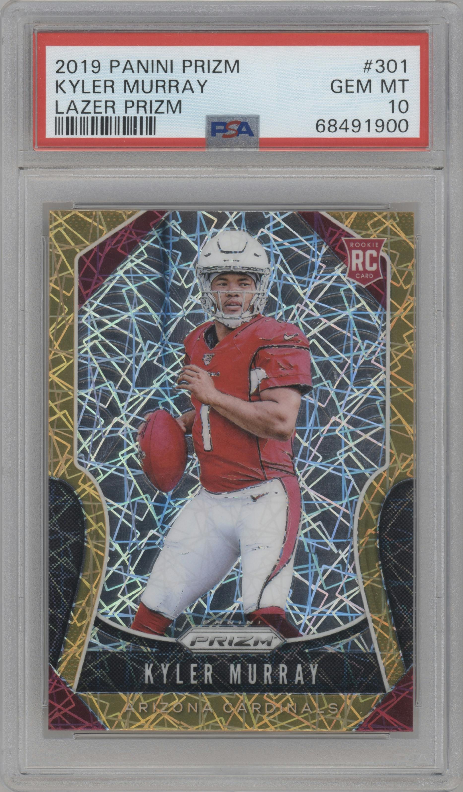Kyler Murray from the 2019 Panini Prizm set featuring a Lazer Prizm parallel graded by PSA and given an overall grade of 10.