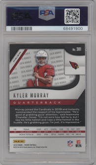 Kyler Murray from the 2019 Panini Prizm set featuring a Lazer Prizm parallel graded by PSA and given an overall grade of 10.