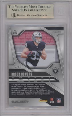 Brock Bowers from the 2024 Panini Prizm set featuring a Orange Wave parallel graded by Beckett and given an overall grade of 9.5.