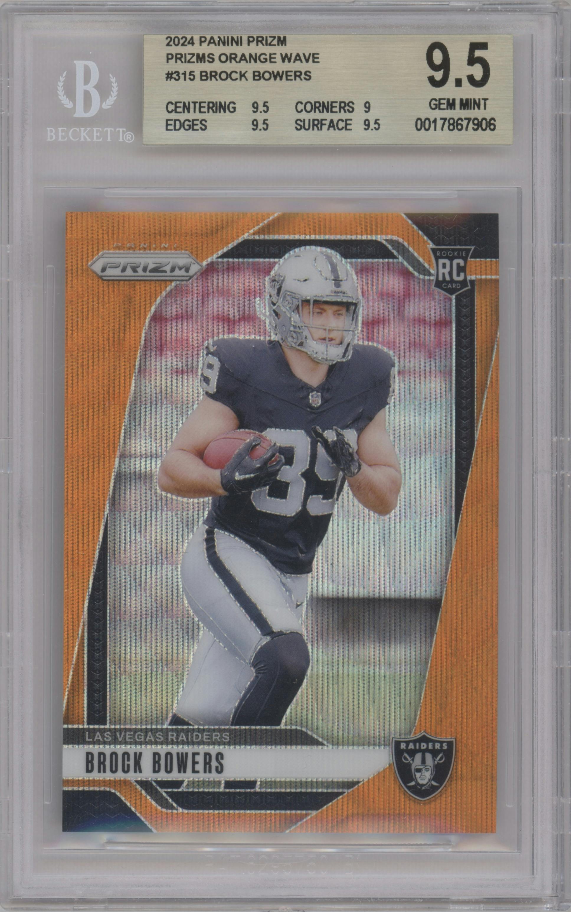 Brock Bowers from the 2024 Panini Prizm set featuring a Orange Wave parallel graded by Beckett and given an overall grade of 9.5.