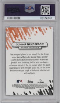 Gunnar Henderson from the 2023 Topps Pristine set graded by PSA and given an overall grade of 10.