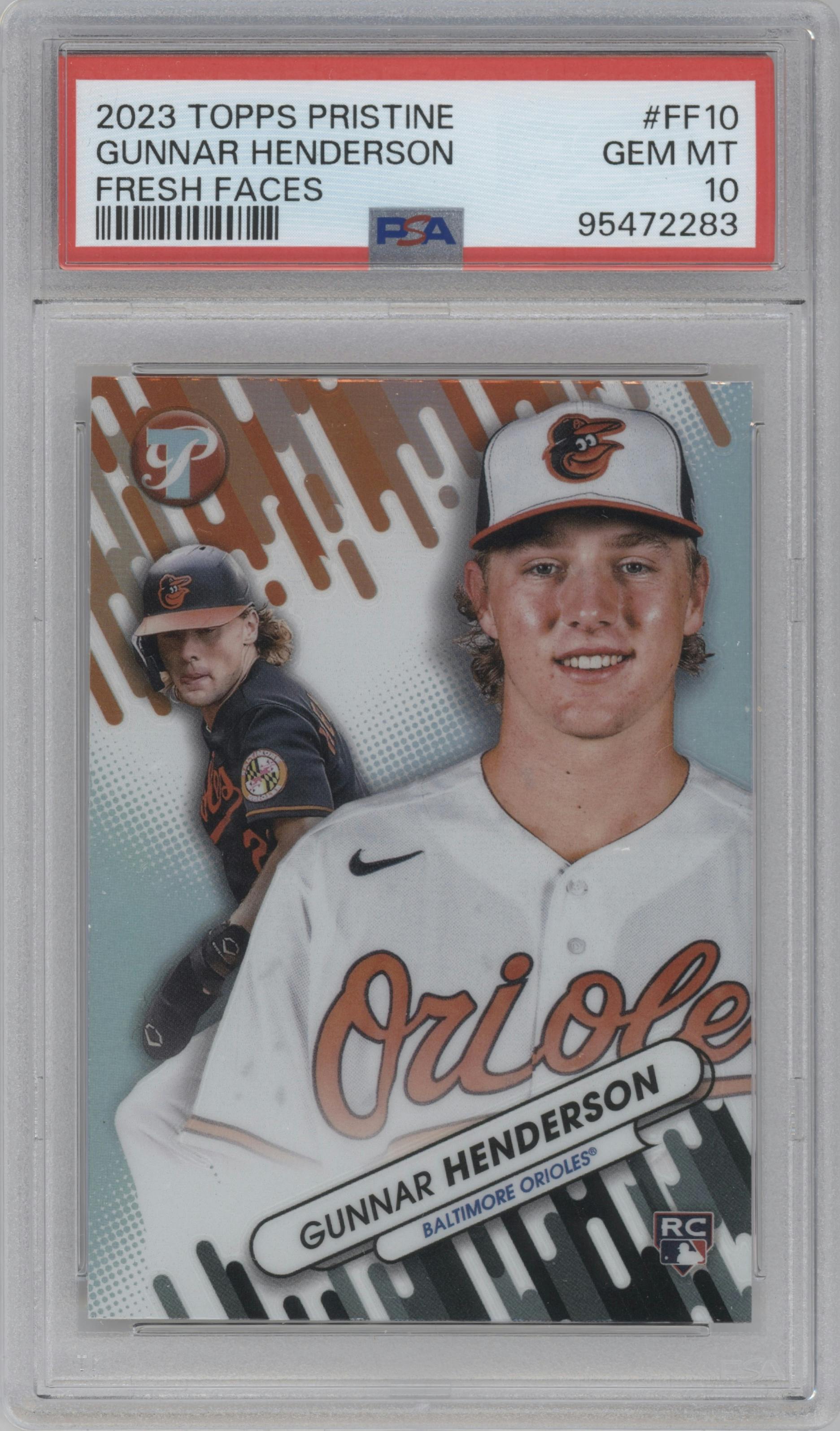 Gunnar Henderson from the 2023 Topps Pristine set graded by PSA and given an overall grade of 10.