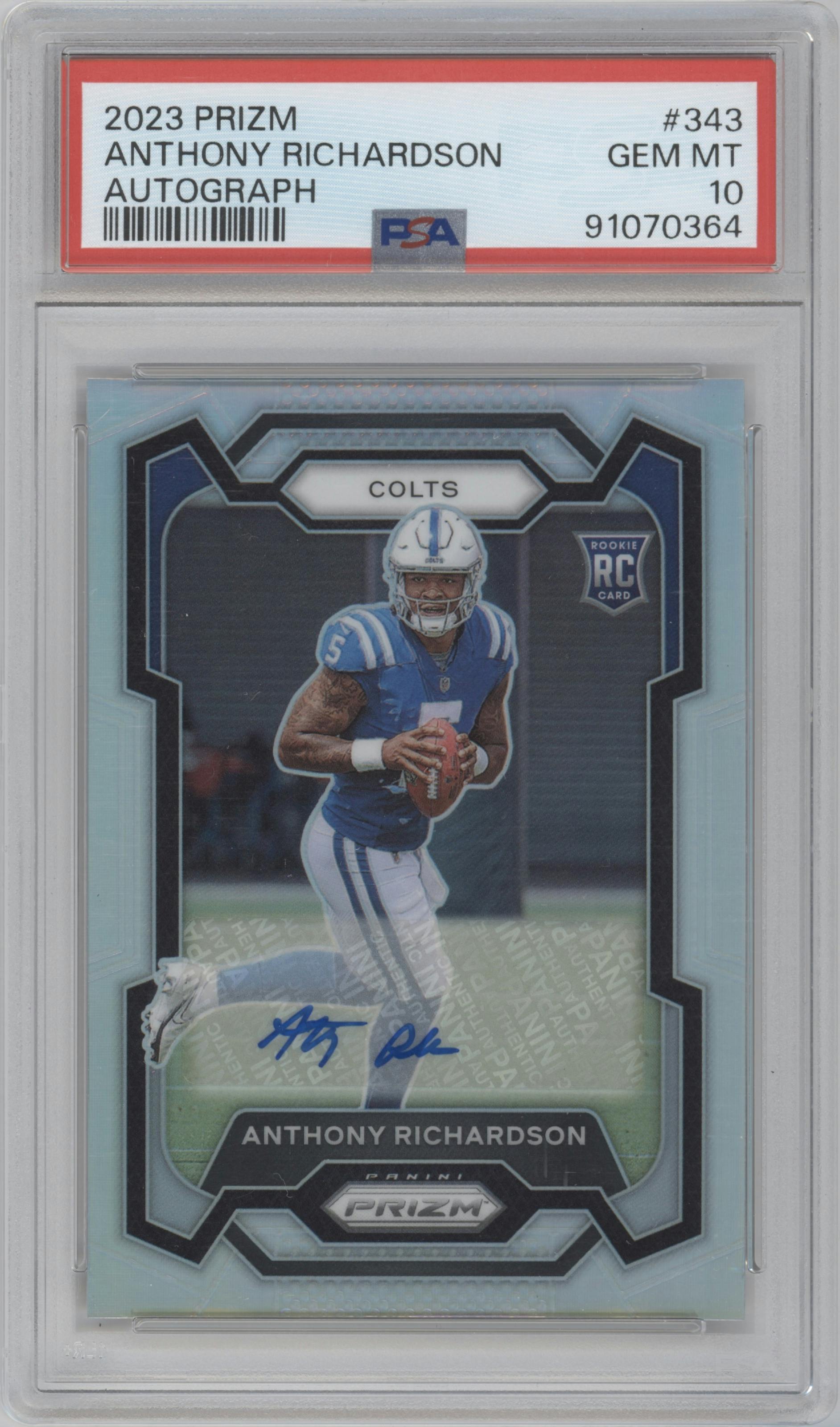 Anthony Richardson from the 2023 Panini Prizm set graded by PSA and given an overall grade of 10.