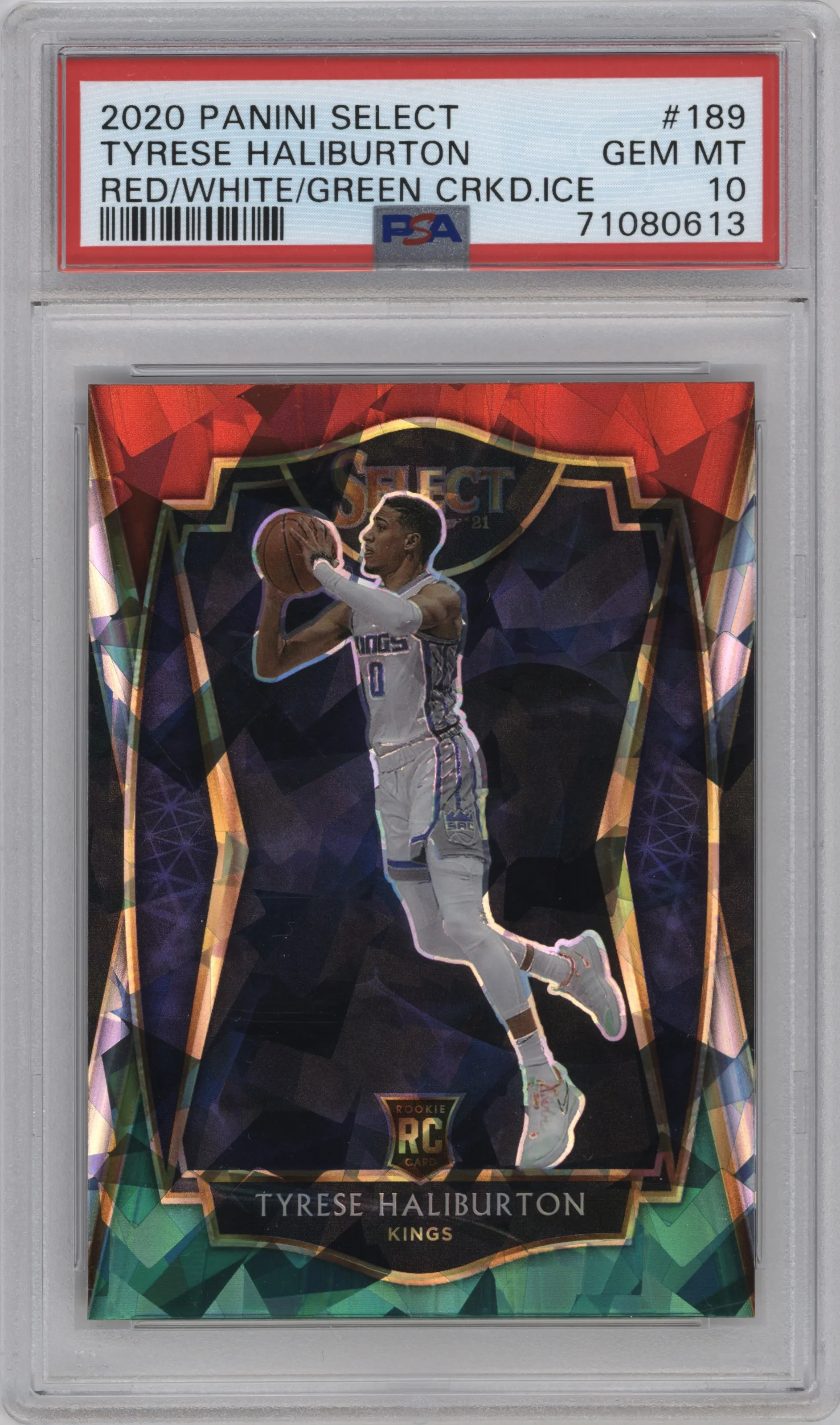 2020 Panini Select Pre.Lvl. Tyrese Haliburton Red/White/Green Cracked Ice #189 PSA 10