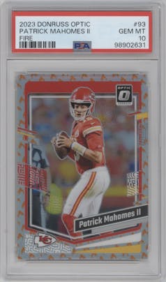 Patrick Mahomes II from the 2023 Donruss Optic set featuring a Fire parallel graded by PSA and given an overall grade of 10.