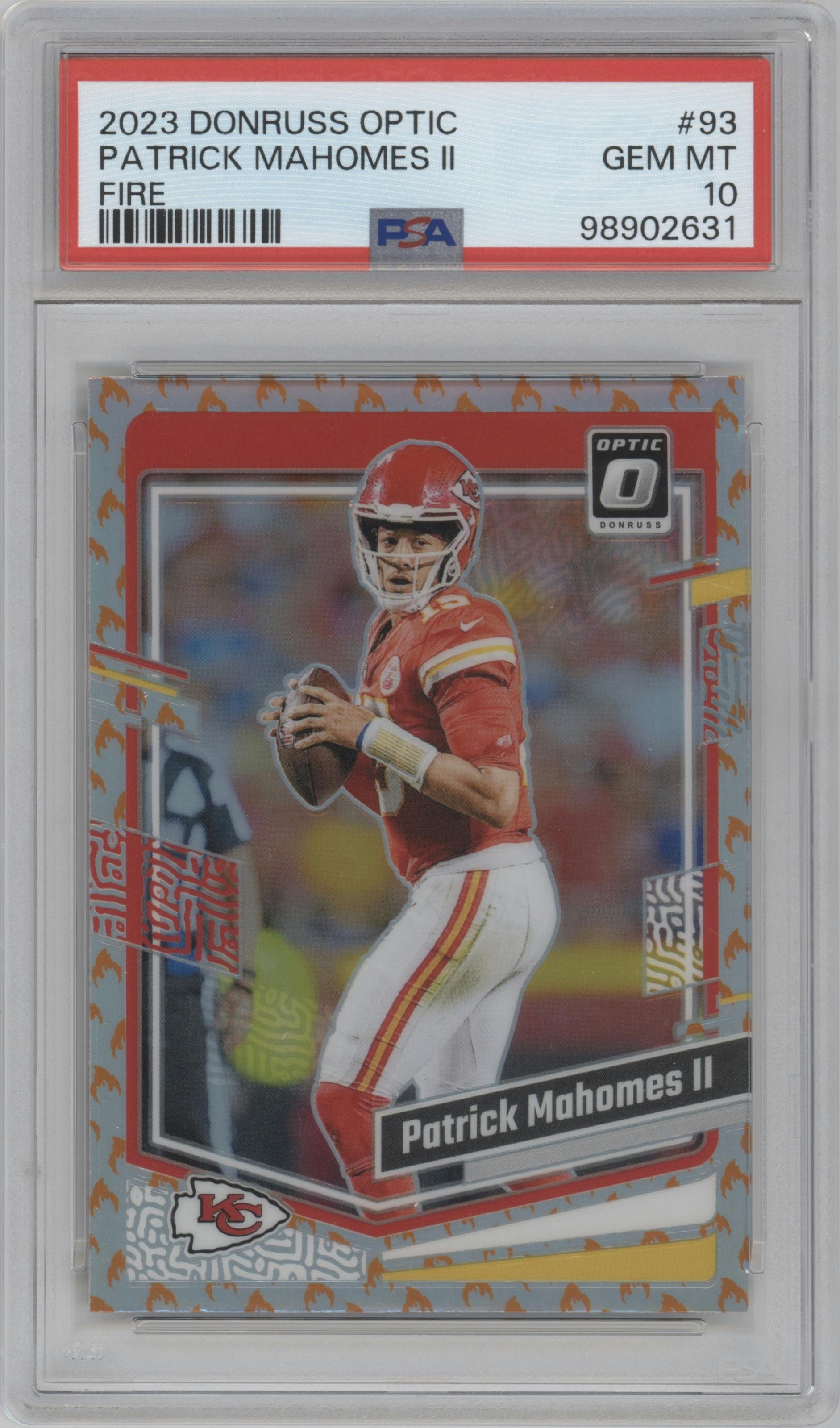 Patrick Mahomes II from the 2023 Donruss Optic set featuring a Fire parallel graded by PSA and given an overall grade of 10.
