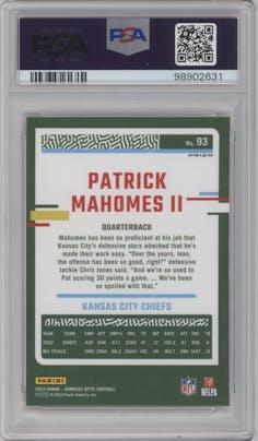 Patrick Mahomes II from the 2023 Donruss Optic set featuring a Fire parallel graded by PSA and given an overall grade of 10.