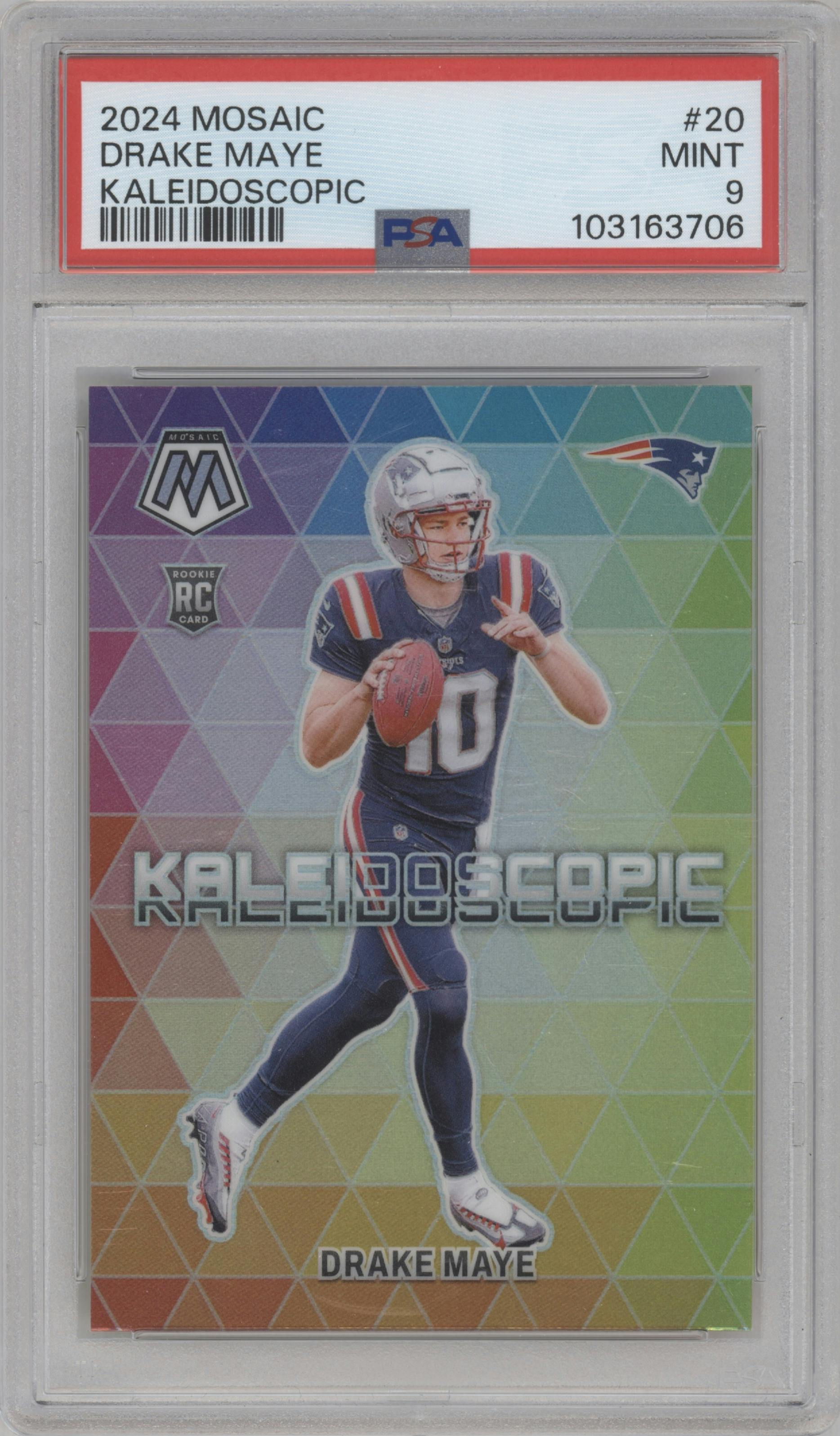 Drake Maye  from the 2024 Panini Mosaic set graded by PSA and given an overall grade of 9.