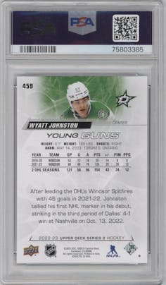 Wyatt Johnston from the 2022-23 Upper Deck set graded by PSA and given an overall grade of 10.