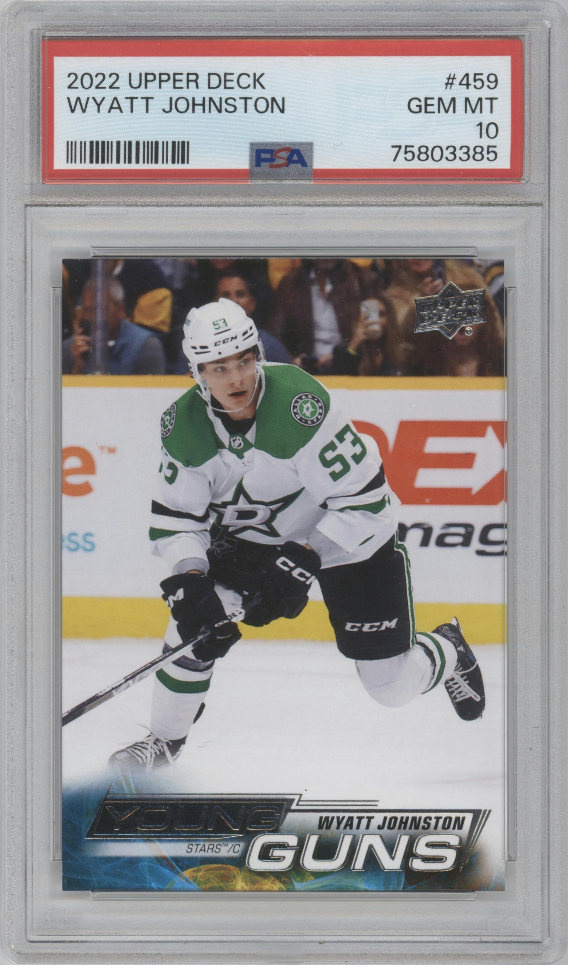 Wyatt Johnston from the 2022-23 Upper Deck set graded by PSA and given an overall grade of 10.