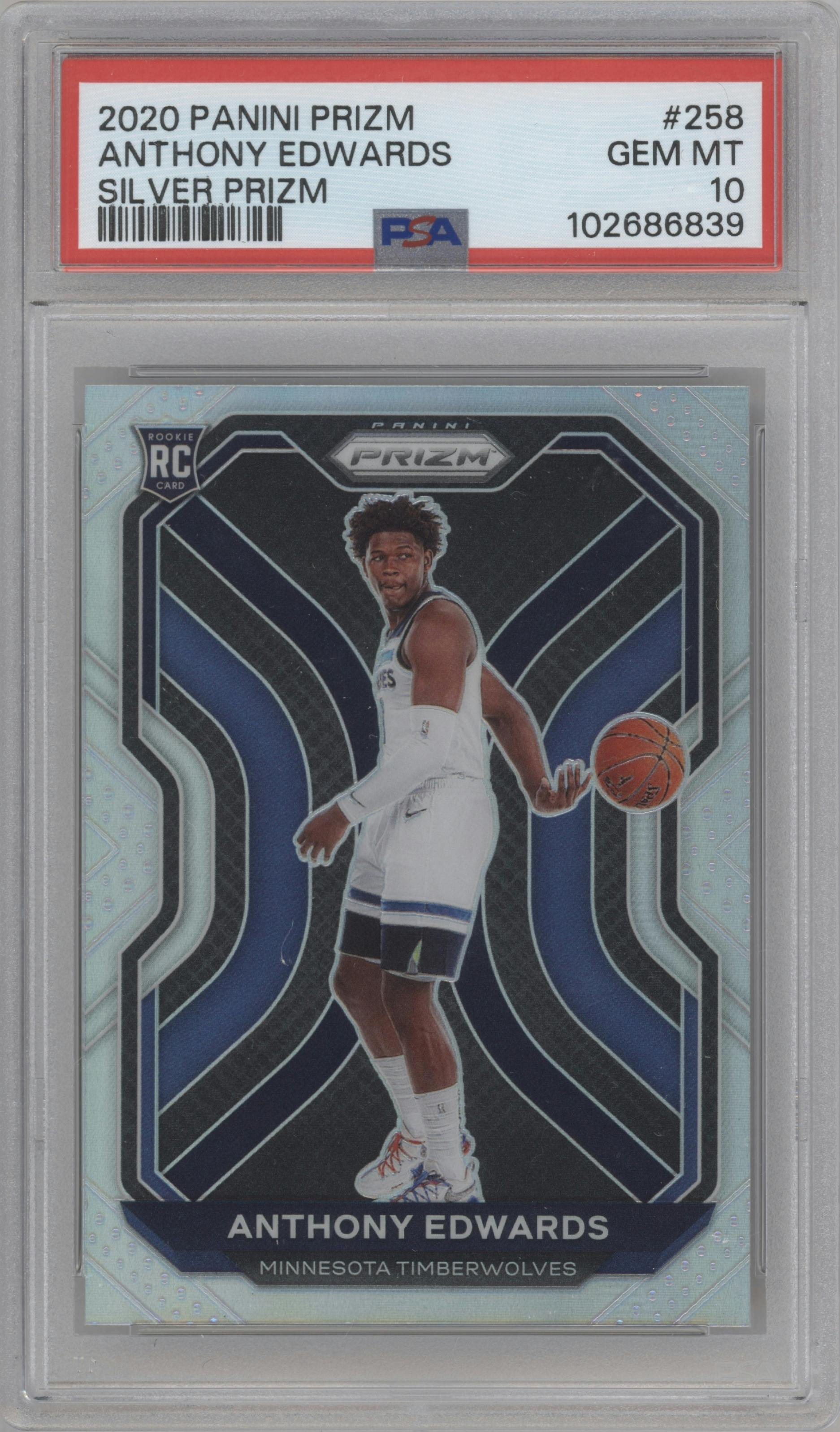 Anthony Edwards from the 2020-21 Panini Prizm set featuring a Silver Prizm parallel graded by PSA and given an overall grade of 10.