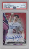 Walker Buehler from the 2021 Topps Finest set featuring a Red Wave Refractor parallel graded by PSA and given an overall grade of 10.