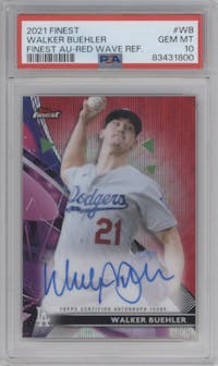 Walker Buehler from the 2021 Topps Finest set featuring a Red Wave Refractor parallel graded by PSA and given an overall grade of 10.