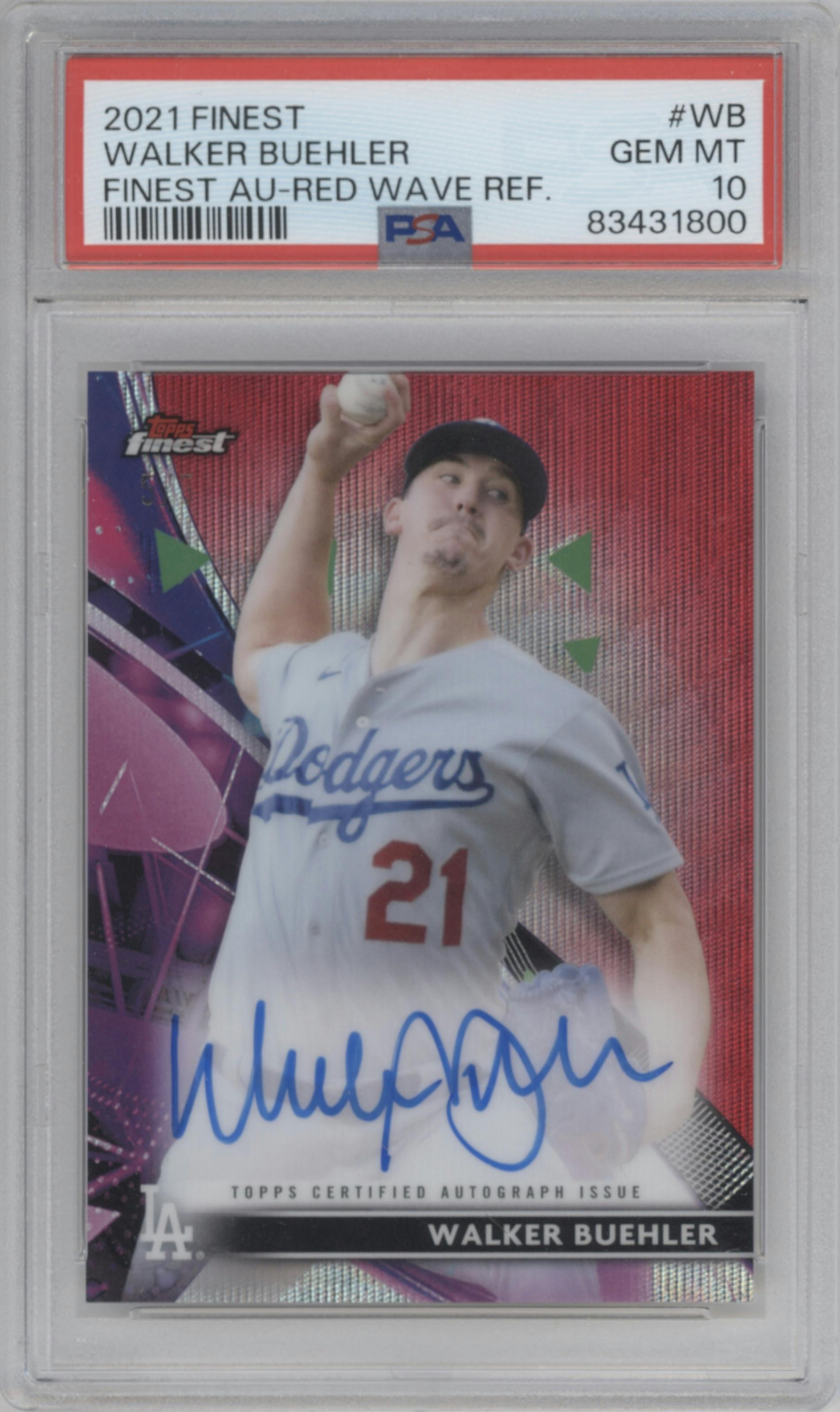 Walker Buehler from the 2021 Topps Finest set featuring a Red Wave Refractor parallel graded by PSA and given an overall grade of 10.