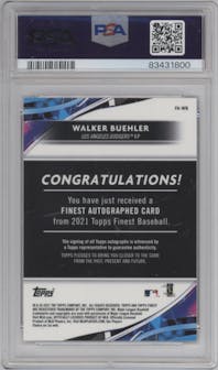 Walker Buehler from the 2021 Topps Finest set featuring a Red Wave Refractor parallel graded by PSA and given an overall grade of 10.