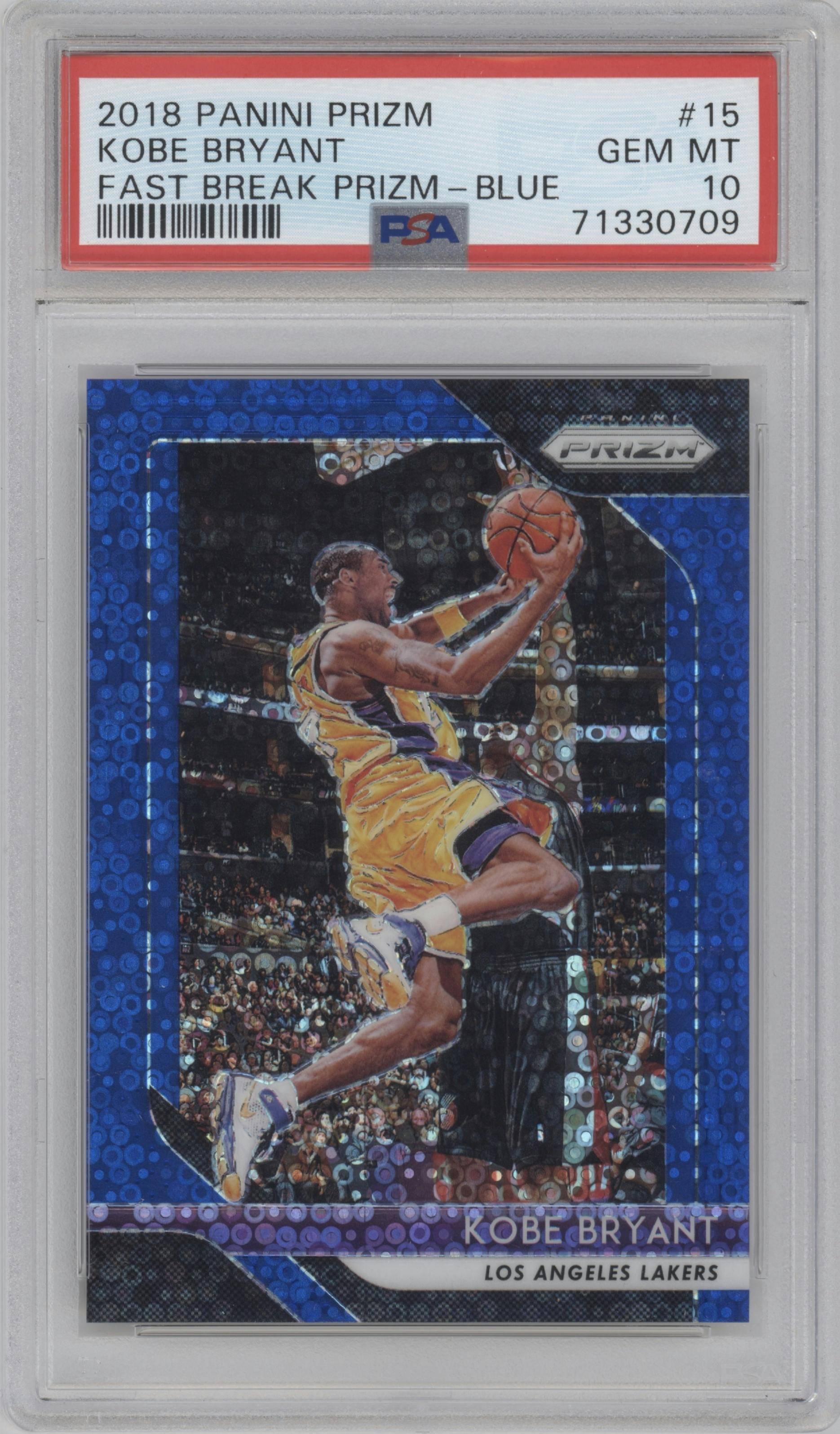 Kobe Bryant from the 2018-19 Panini Prizm set featuring a Fast Break Blue parallel graded by PSA and given an overall grade of 10.