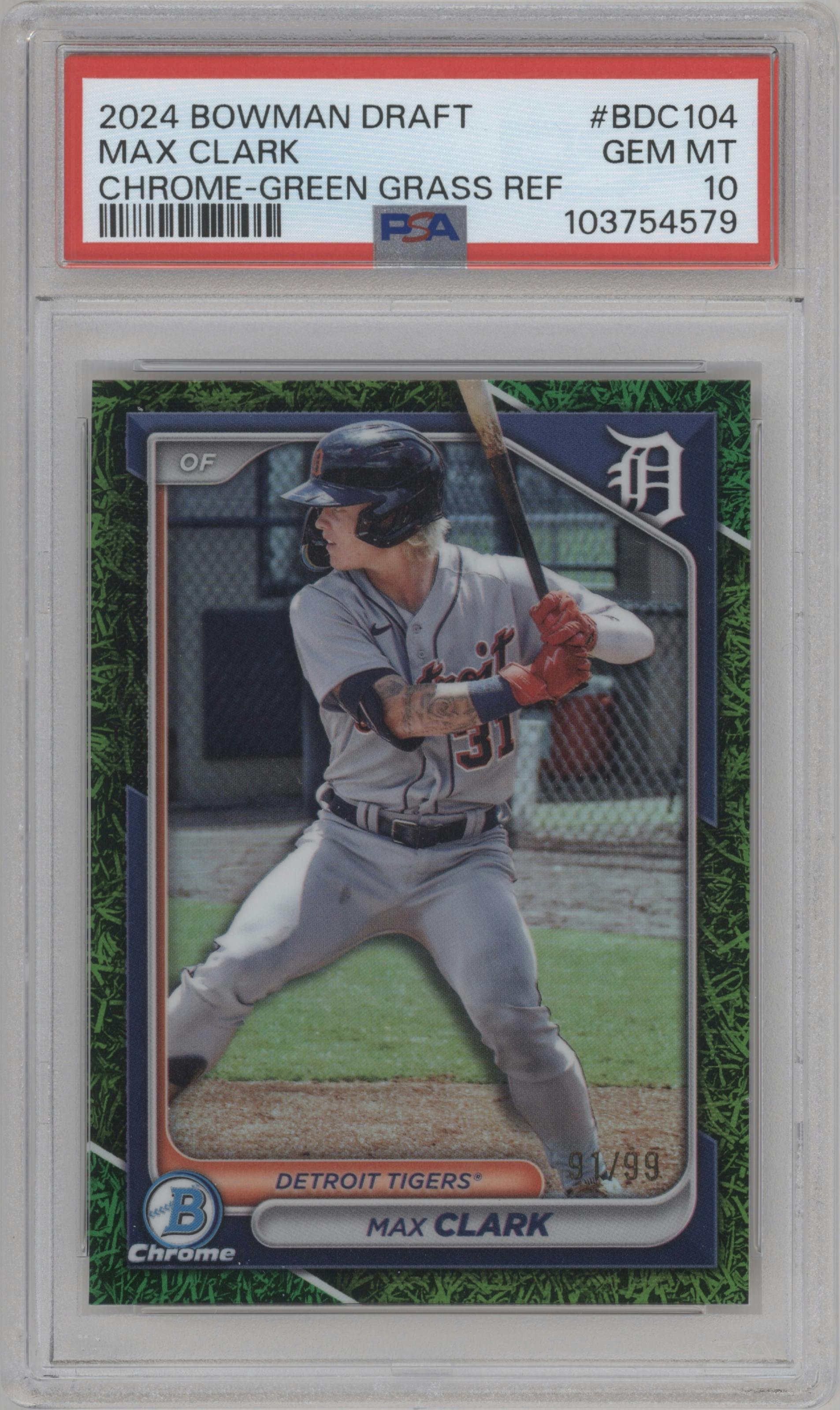 Max Clark from the 2024 Bowman Draft set featuring a Green Grass Refractor parallel graded by PSA and given an overall grade of 10.