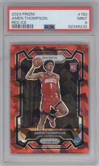 Amen Thompson from the 2023-24 Panini Prizm set featuring a Red Ice parallel graded by PSA and given an overall grade of 9.