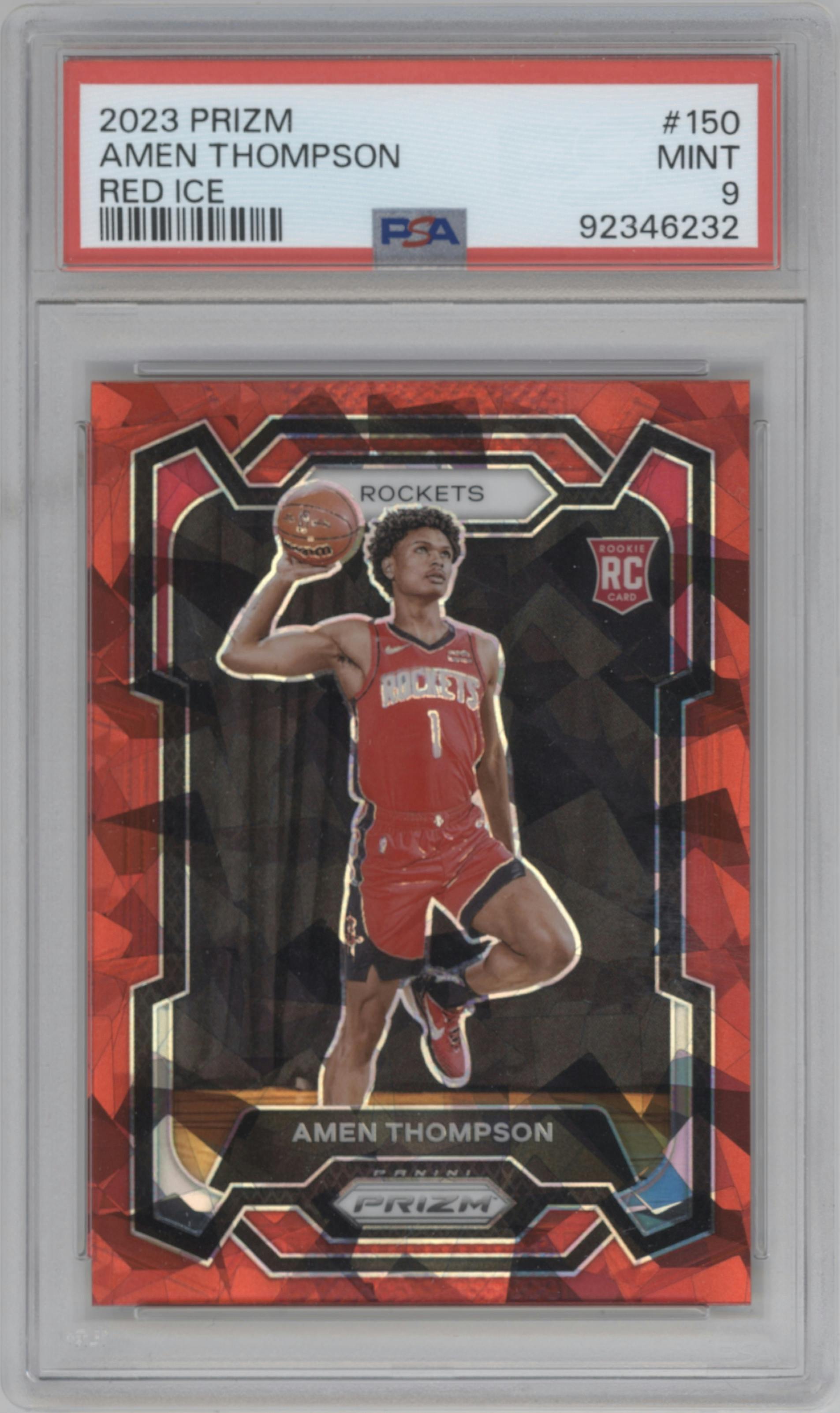 Amen Thompson from the 2023-24 Panini Prizm set featuring a Red Ice parallel graded by PSA and given an overall grade of 9.