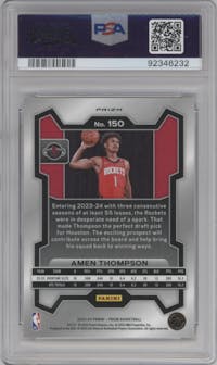Amen Thompson from the 2023-24 Panini Prizm set featuring a Red Ice parallel graded by PSA and given an overall grade of 9.