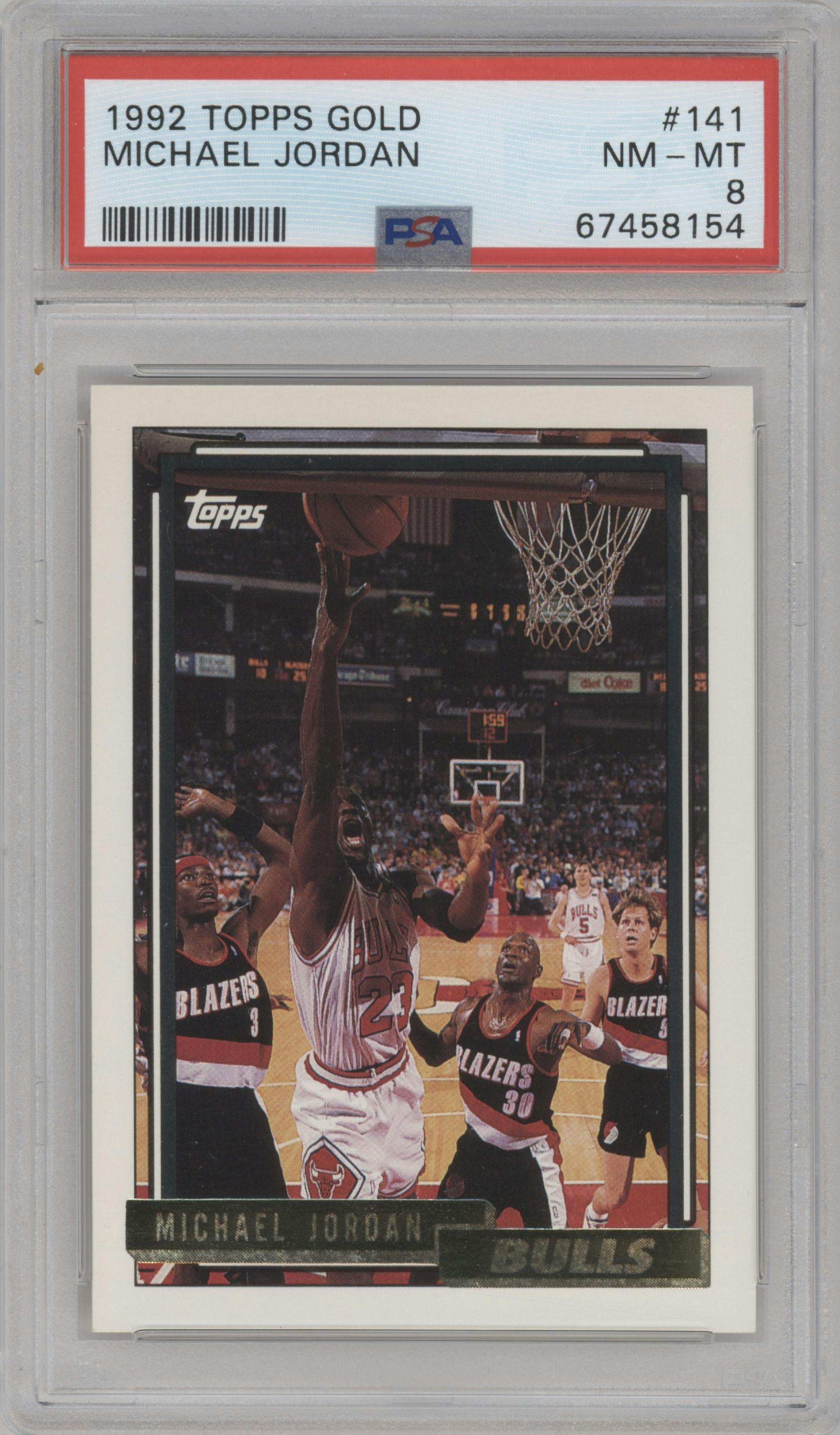 Michael Jordan from the 1992-93 Topps set featuring a Gold parallel graded by PSA and given an overall grade of 8.