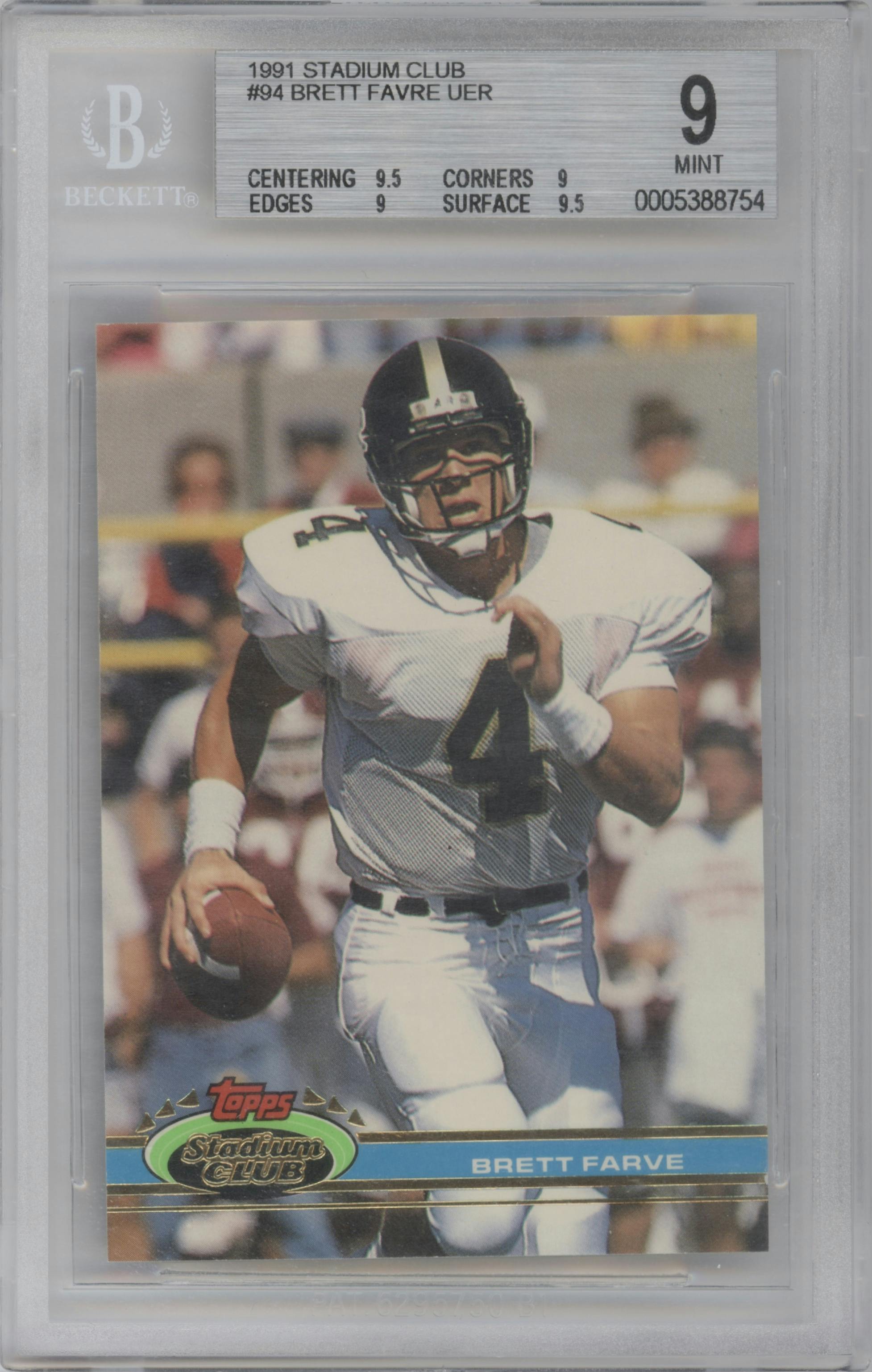 Brett Favre from the 1991 Topps Stadium Club set graded by Beckett and given an overall grade of 9.