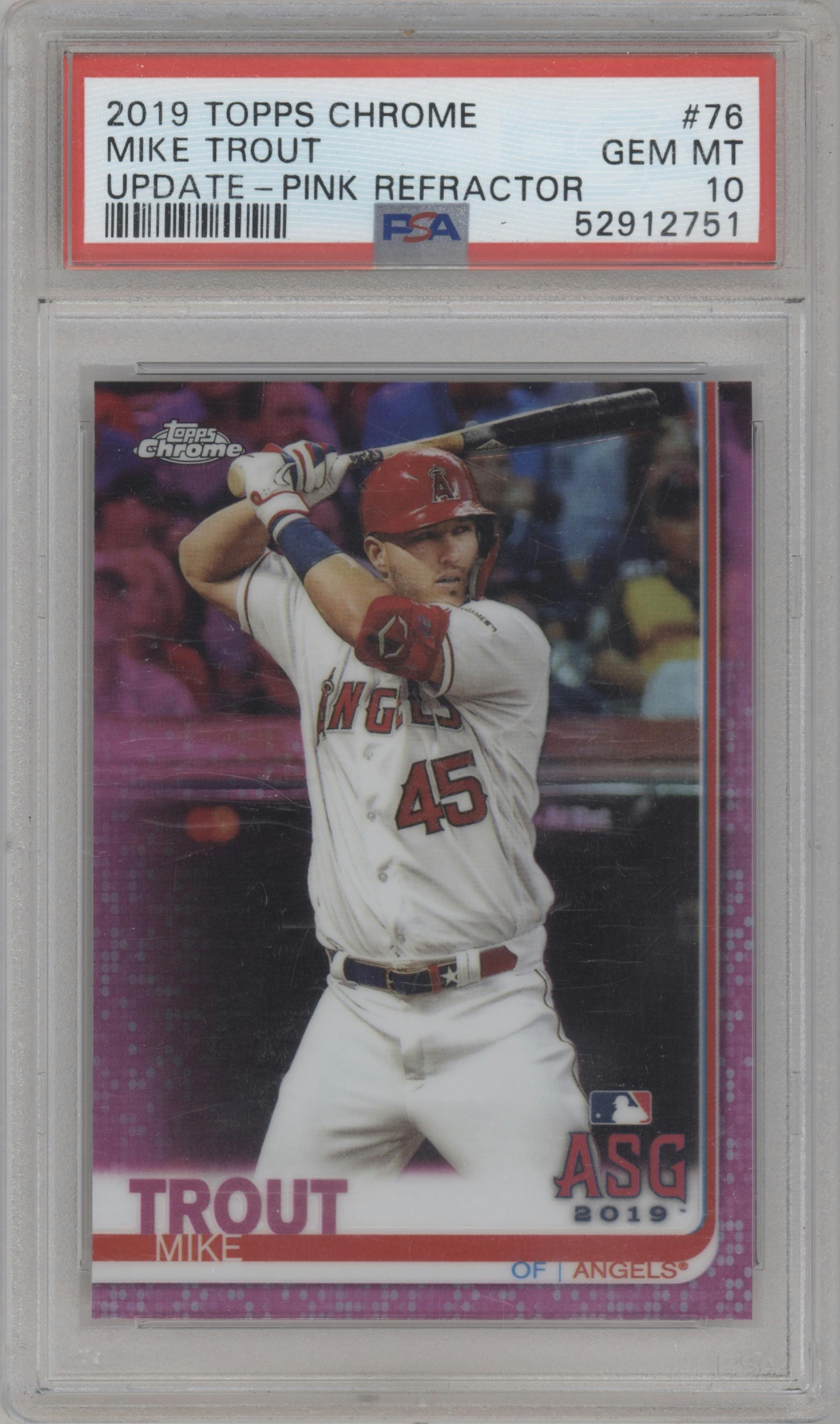 Mike Trout from the 2019 Topps Chrome Update set featuring a Pink Refractor parallel graded by PSA and given an overall grade of 10.