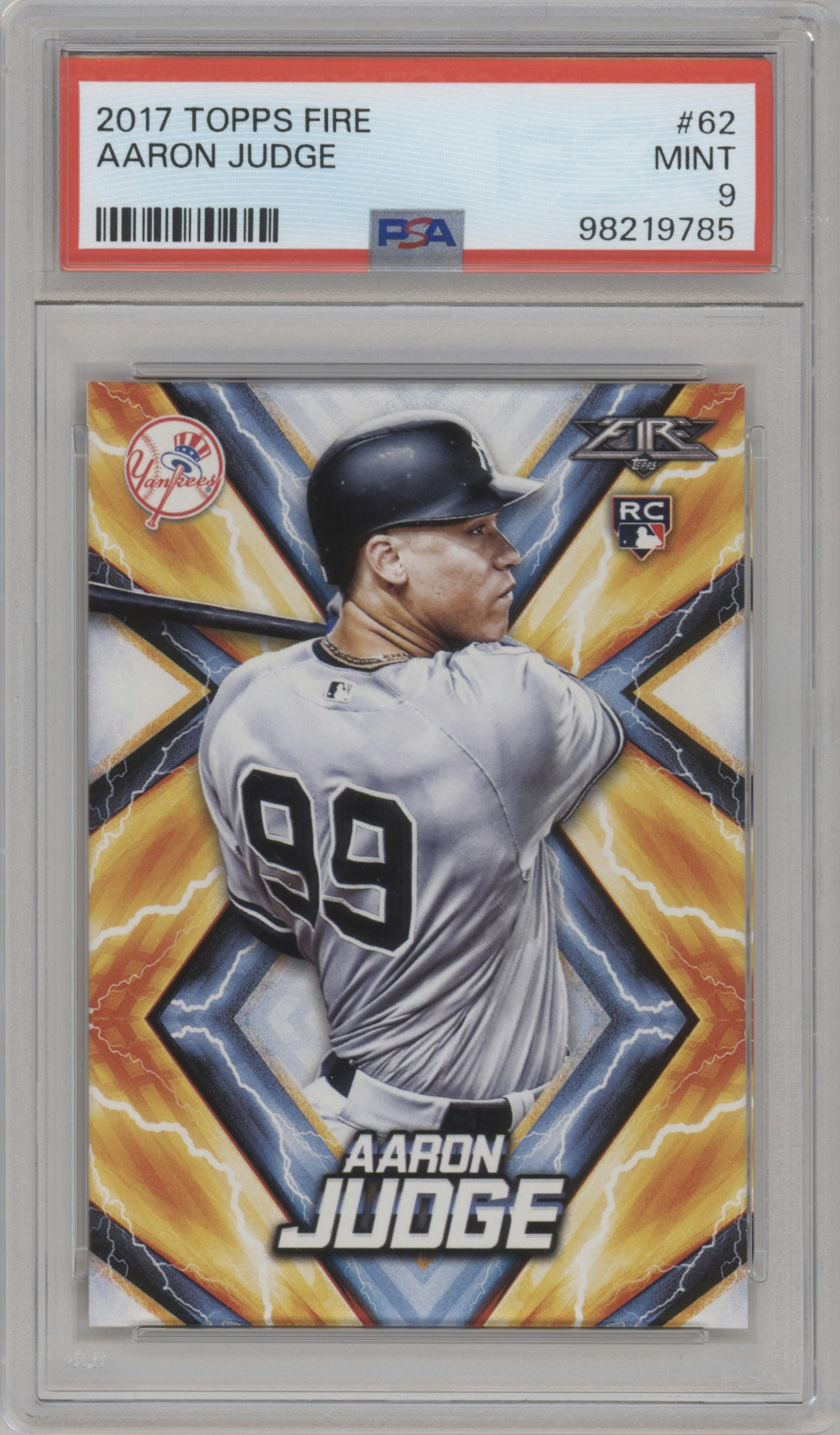 Aaron Judge from the 2017 Topps Fire set graded by PSA and given an overall grade of 9.
