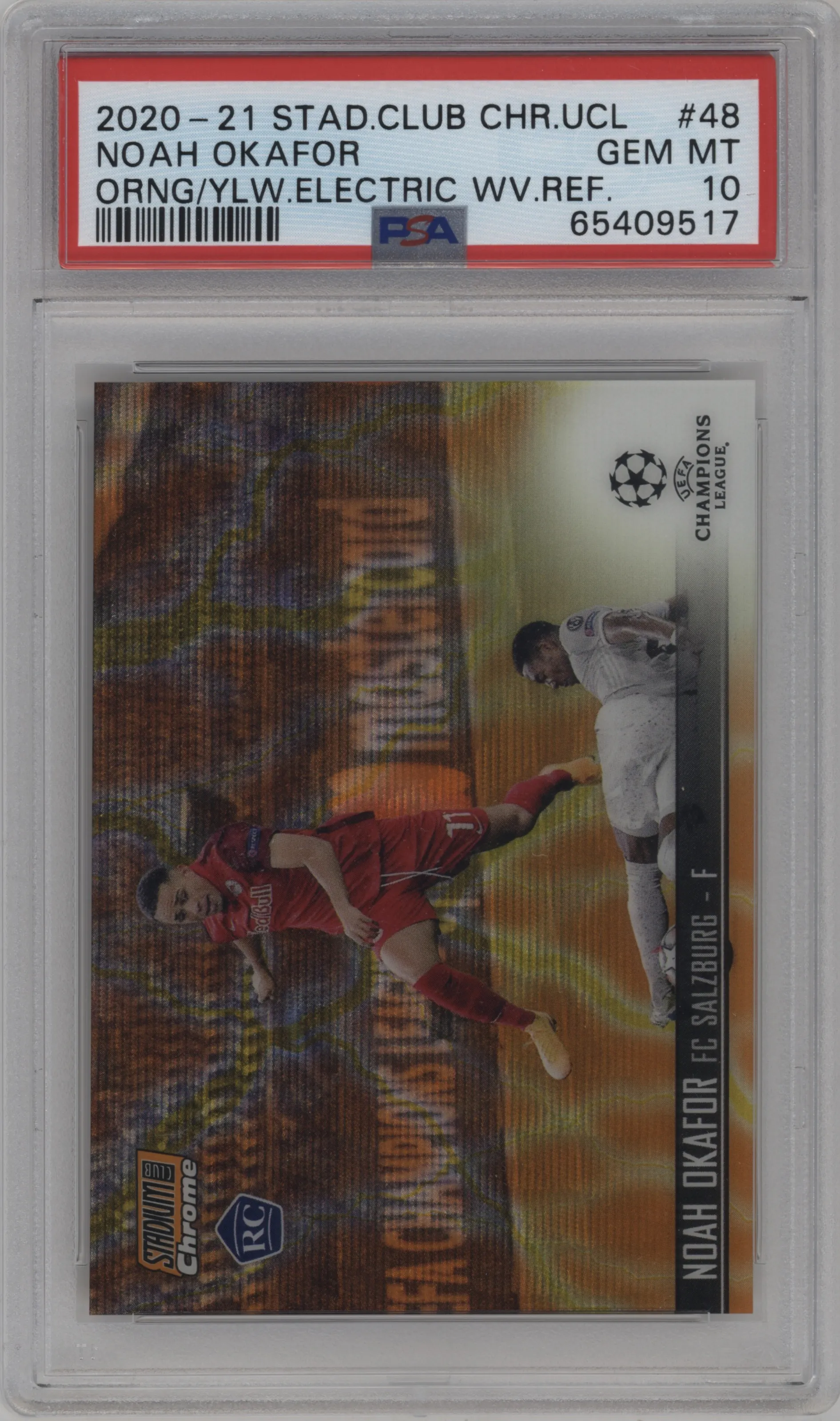 2020 Topps Stadium Club Chrome UEFA CL Noah Okafor Orange/Yellow Electric Wave Refractor PSA 10