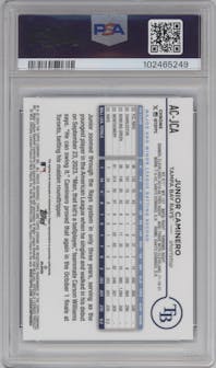 Junior Caminero from the 2024 Topps Chrome Update set featuring a Blue RayWave Refractor parallel graded by PSA and given an overall grade of 10.