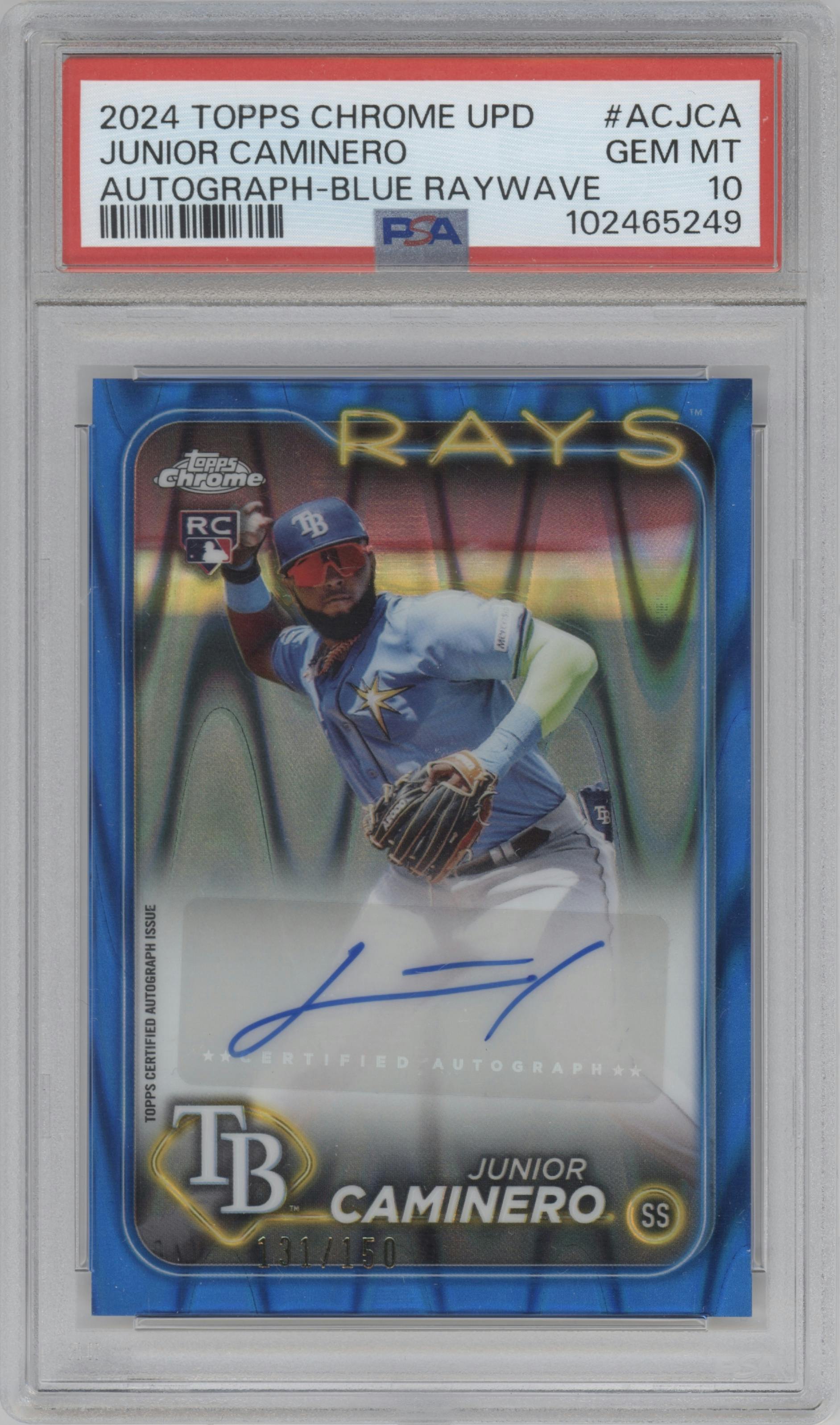 Junior Caminero from the 2024 Topps Chrome Update set featuring a Blue RayWave Refractor parallel graded by PSA and given an overall grade of 10.