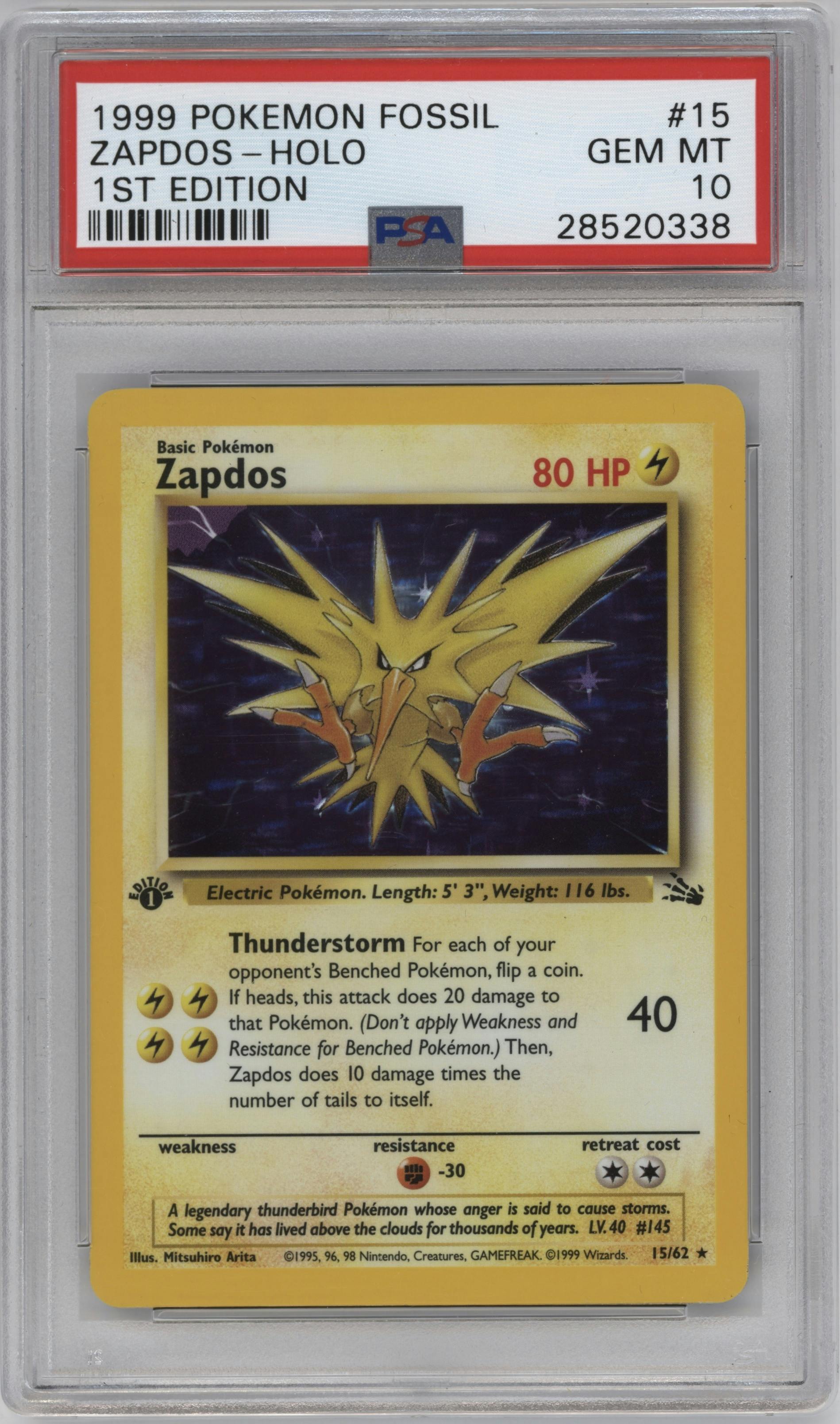 Zapdos from the 1999 Pokemon set graded by PSA and given an overall grade of 10.