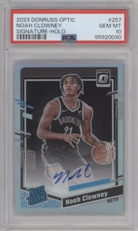 Noah Clowney from the 2023-24 Donruss Optic set featuring a Holo parallel graded by PSA and given an overall grade of 10.