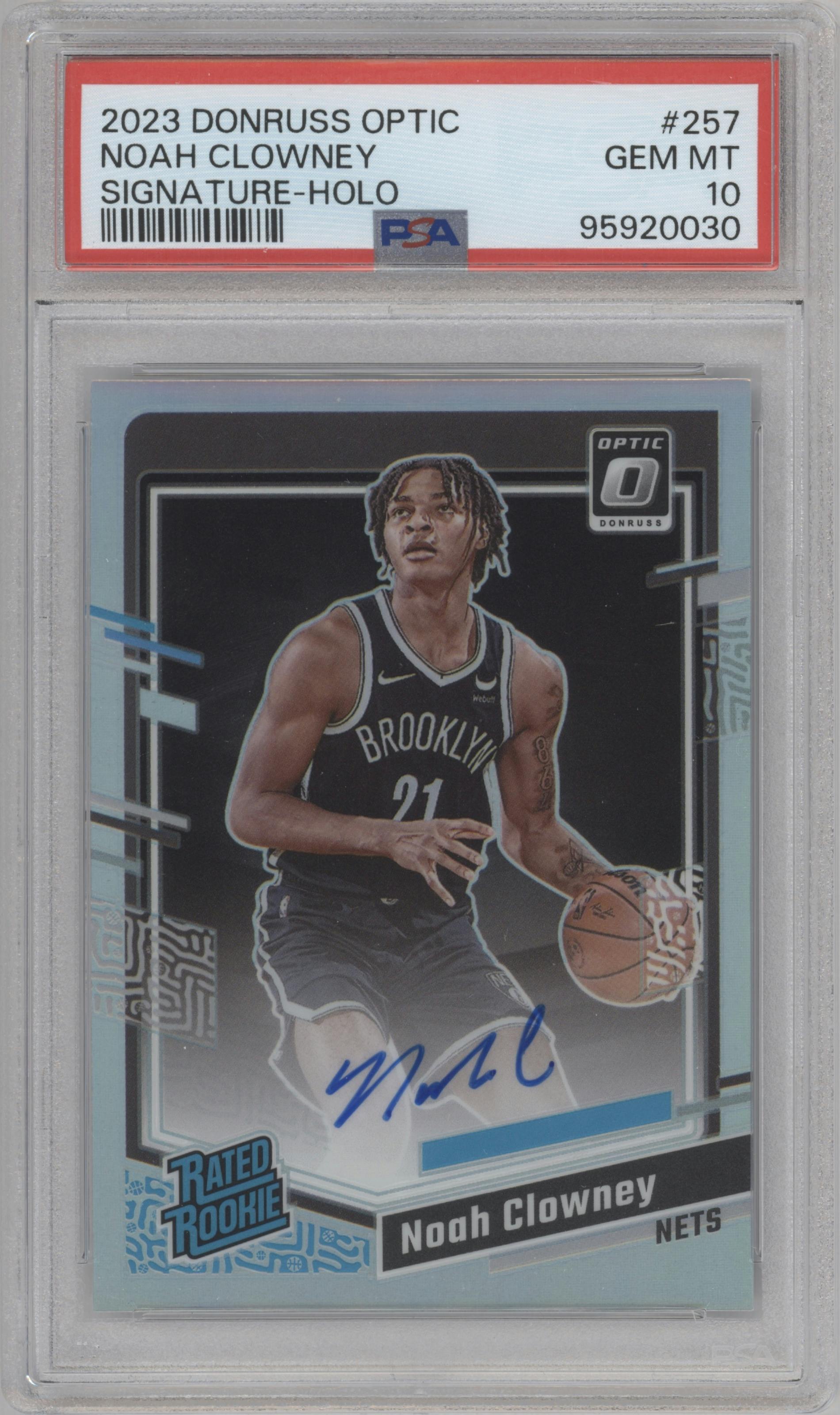 Noah Clowney from the 2023-24 Donruss Optic set featuring a Holo parallel graded by PSA and given an overall grade of 10.