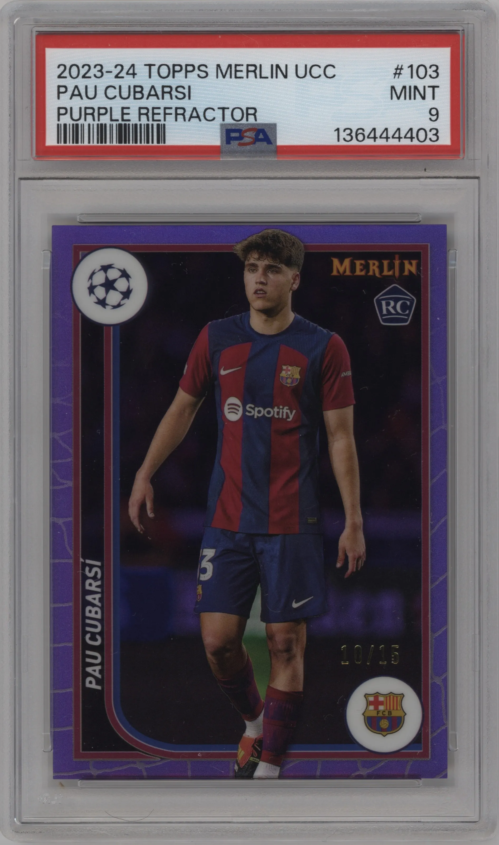 2023 Topps Merlin UEFA Club Competitions Pau Cubarsi Purple Refractor #103 PSA 9
