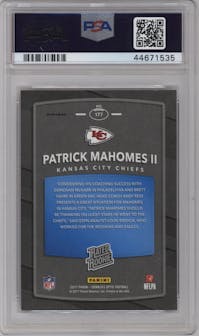 Patrick Mahomes II from the 2017 Panini Donruss Optic set featuring a Pink parallel graded by PSA and given an overall grade of 9.