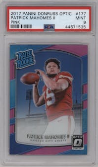 Patrick Mahomes II from the 2017 Panini Donruss Optic set featuring a Pink parallel graded by PSA and given an overall grade of 9.