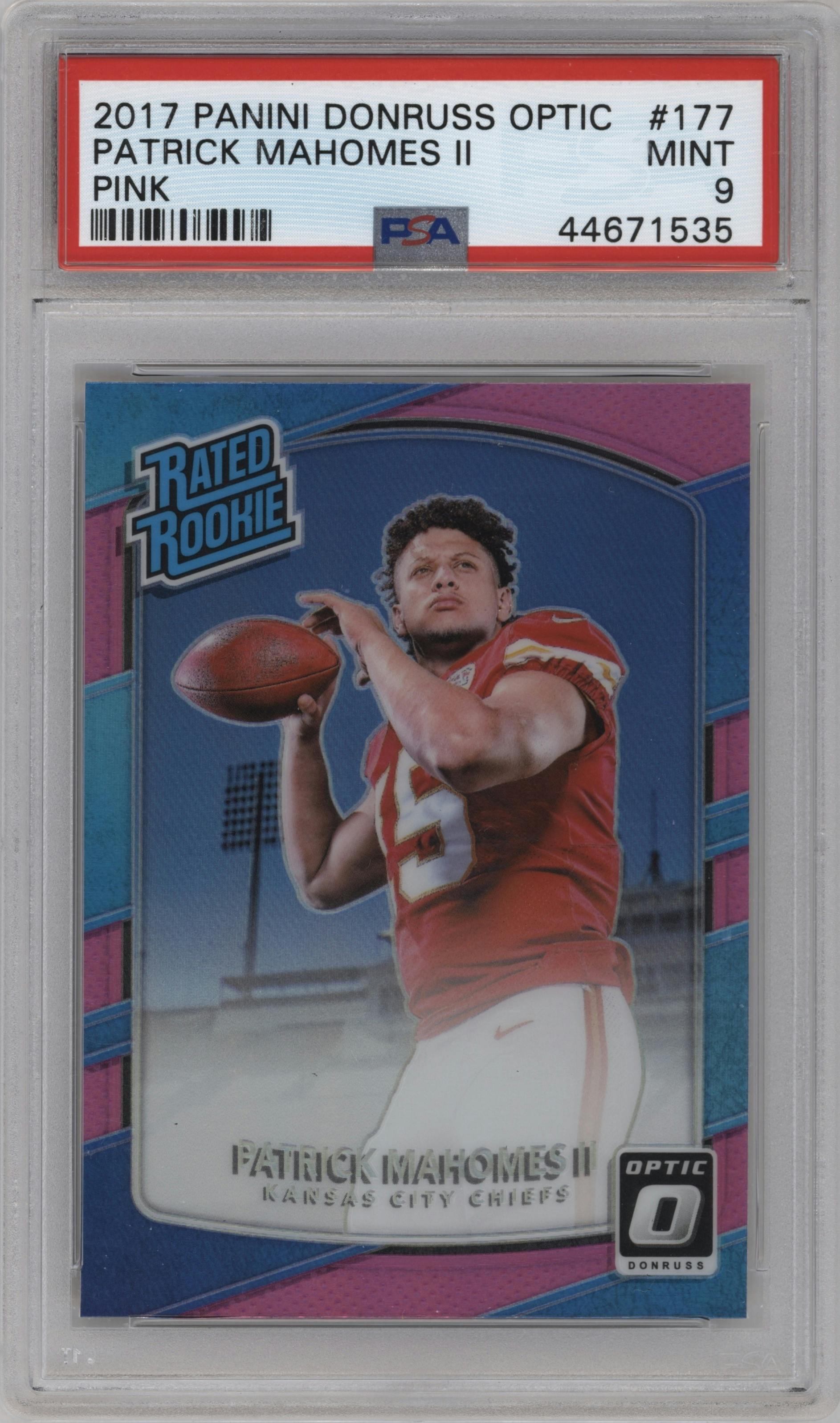 Patrick Mahomes II from the 2017 Panini Donruss Optic set featuring a Pink parallel graded by PSA and given an overall grade of 9.