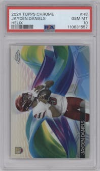Jayden Daniels from the 2024 Topps Chrome set graded by PSA and given an overall grade of 10.