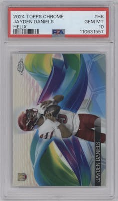 Jayden Daniels from the 2024 Topps Chrome set graded by PSA and given an overall grade of 10.