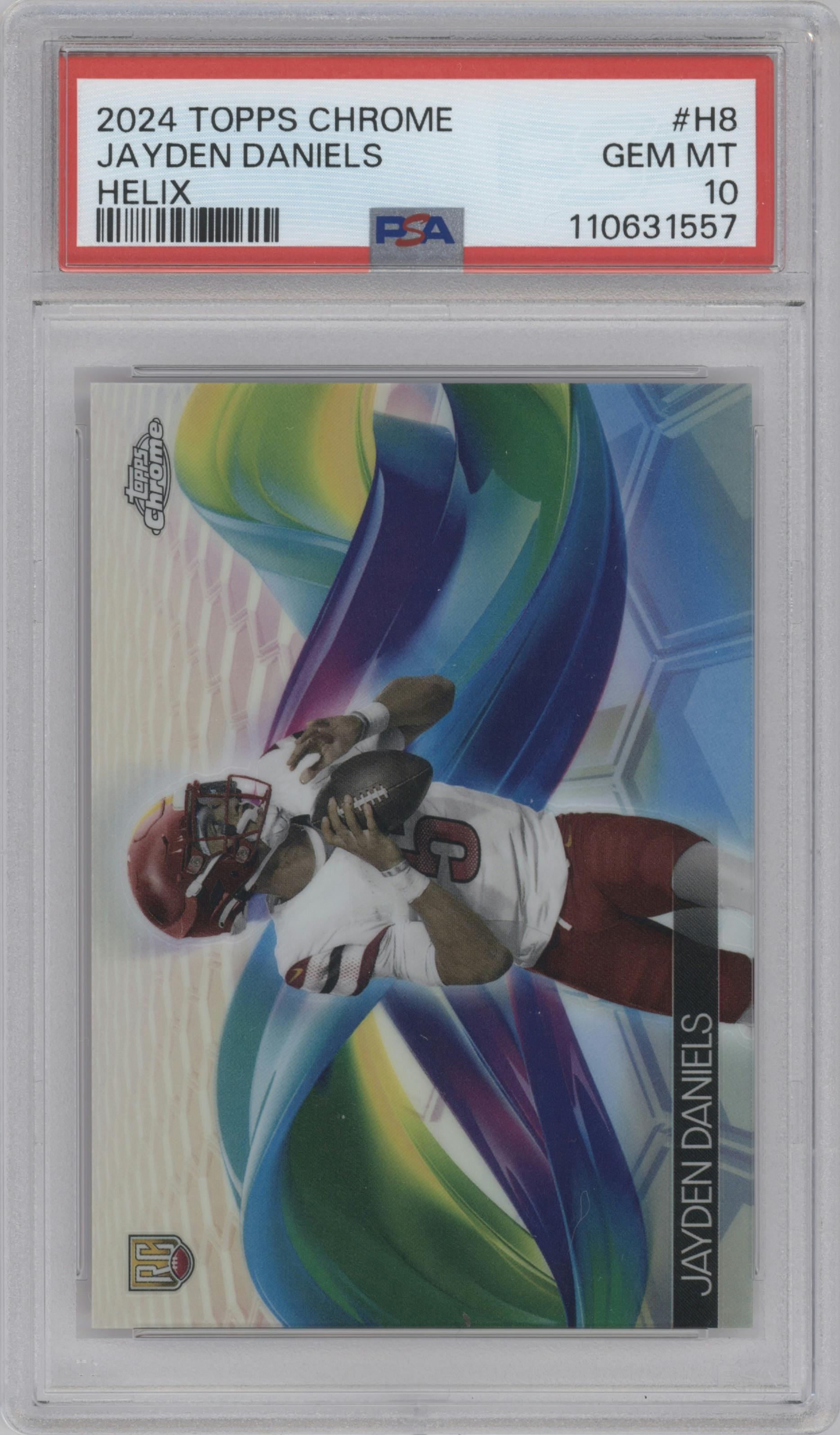 Jayden Daniels from the 2024 Topps Chrome set graded by PSA and given an overall grade of 10.