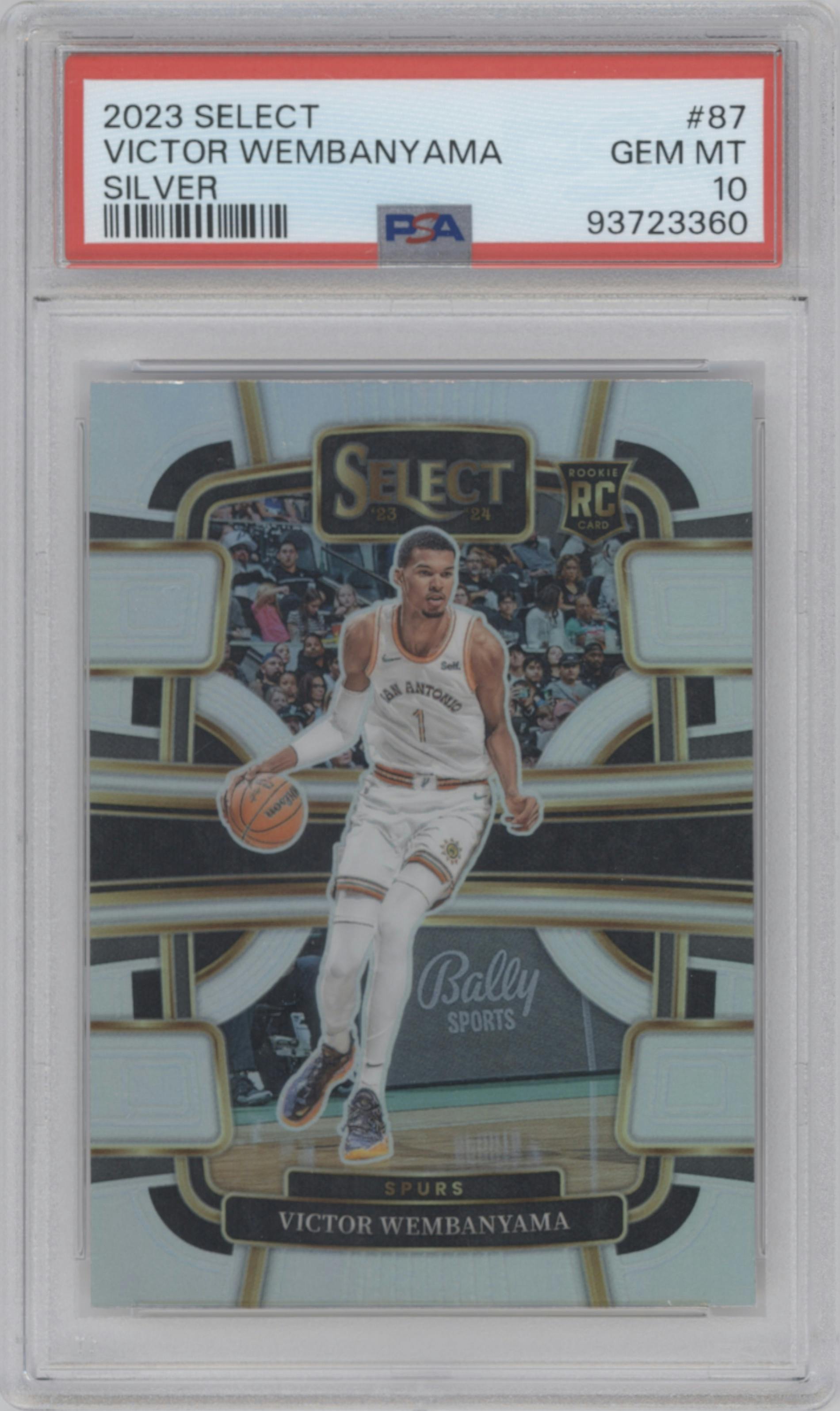 Victor Wembanyama from the 2023-24 Panini Select  set featuring a Silver Prizm parallel graded by PSA and given an overall grade of 10.